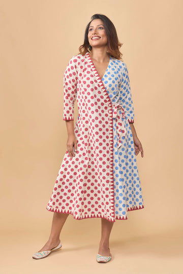 Flex cotton hand block printed wrap dress