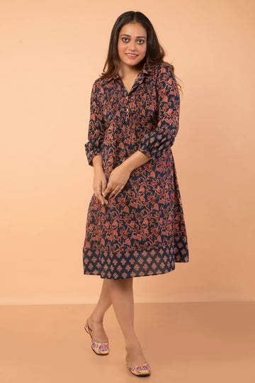Prussian Blue a-line Cut Pintucked Dress