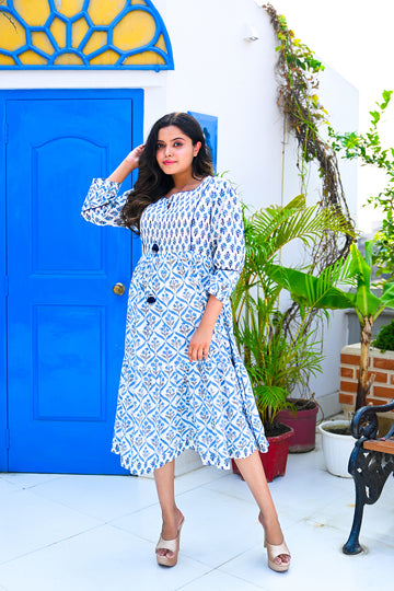 Jaipuri Cotton Pintucked yoke Flared Dress