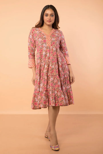 French Cut Floral Print Cotton Dress