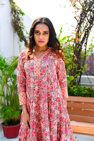 Jaipuri Cotton Front Yoke Flared Dress