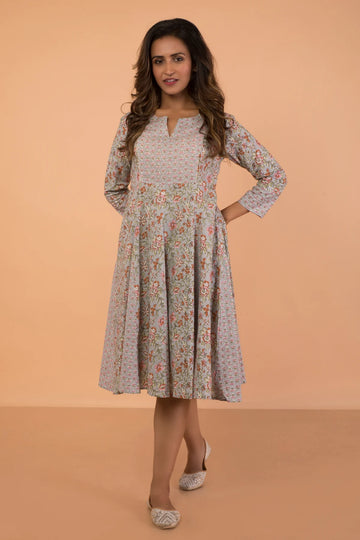 Double Print Gray Hand Block Printed Kali Dress