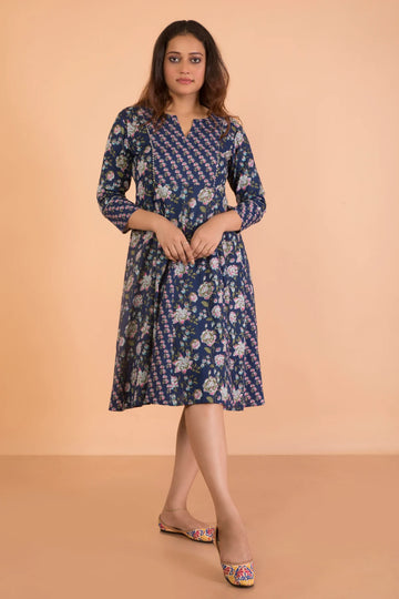 Double Print Navy Hand Block Printed Kali Dress