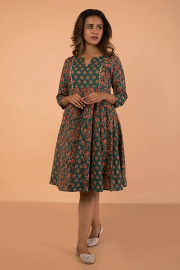 Double Print Pine Hand Block Printed Kali Dress