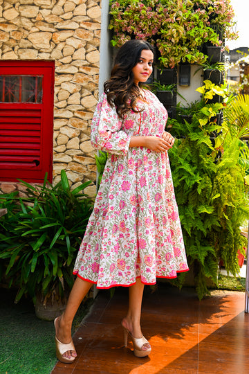 Jaipuri Cotton Pintucked yoke Flared Dress