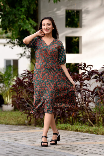 Flared Dress with Balloon Sleeves