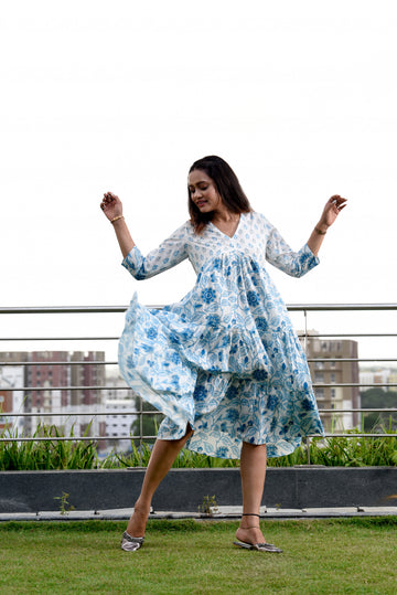 Blue Cotton Flared Dress