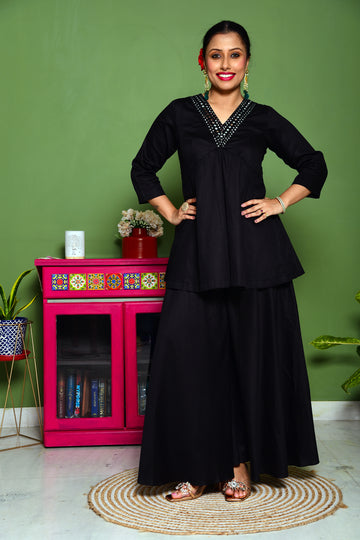 Mirror Embroidery V-neck Flared Top with Palazzo