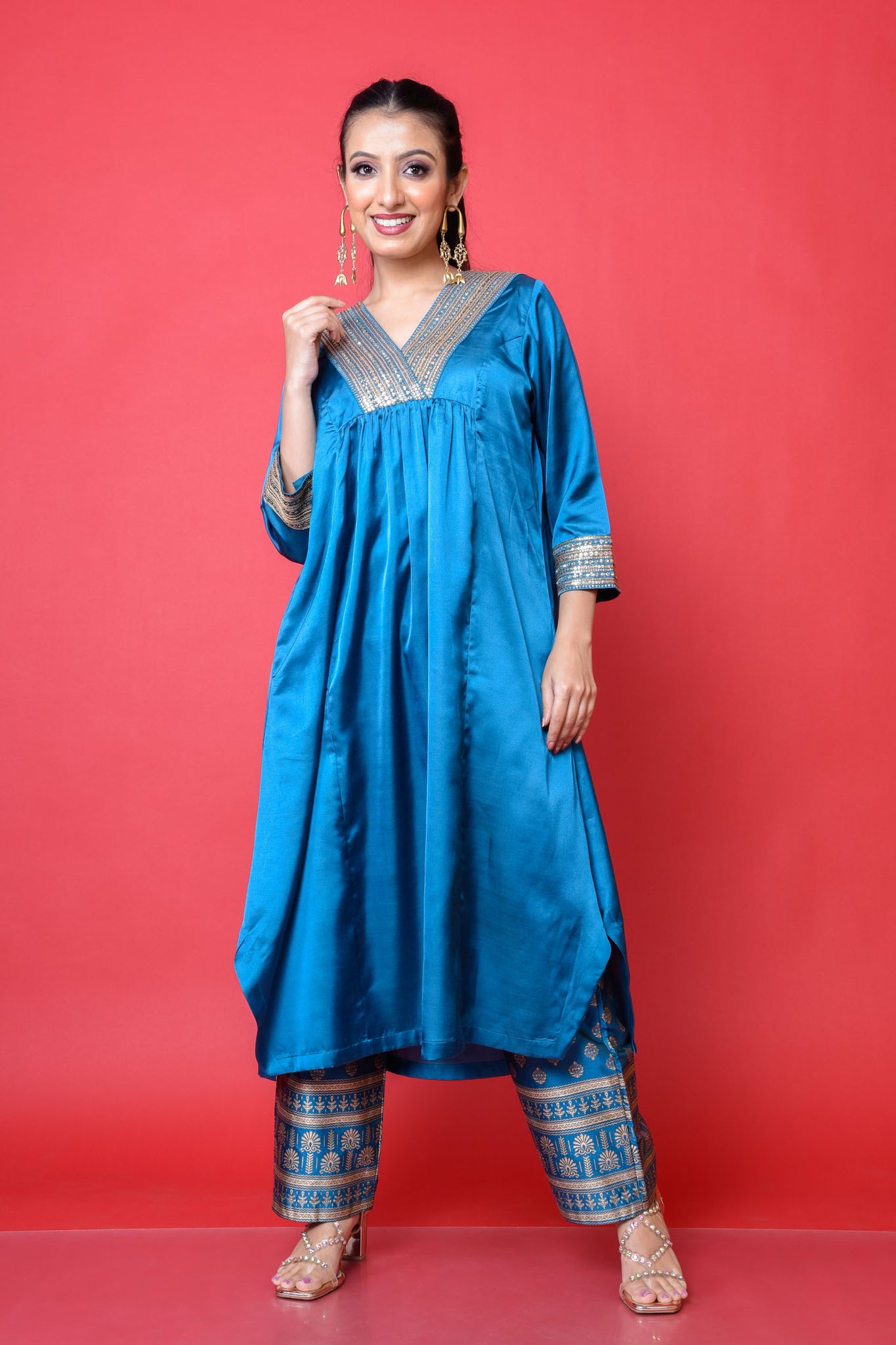 Sequence embroidered hand block print ethnic outfit