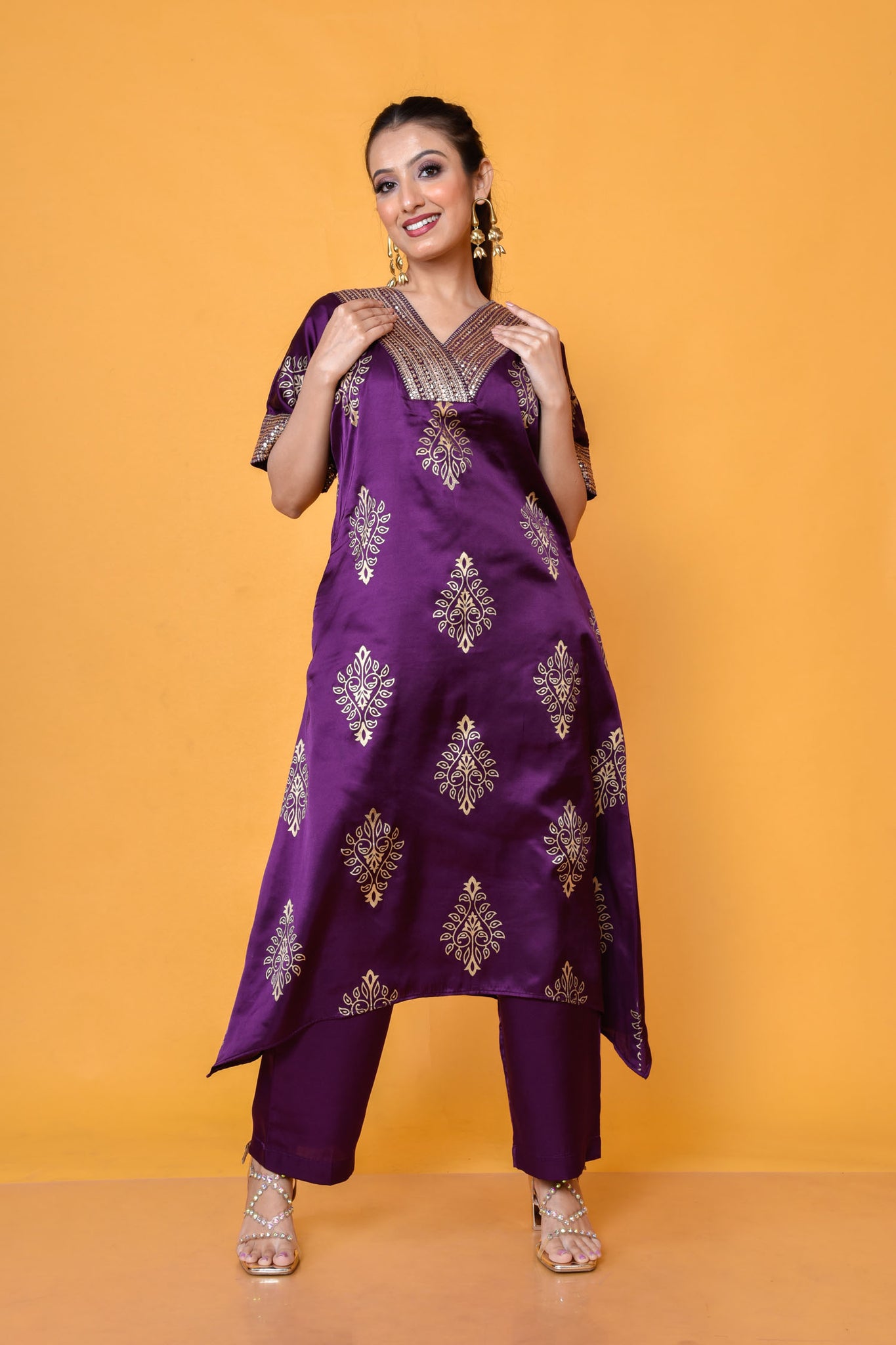 Sequence embroidered hand block print ethnic outfit