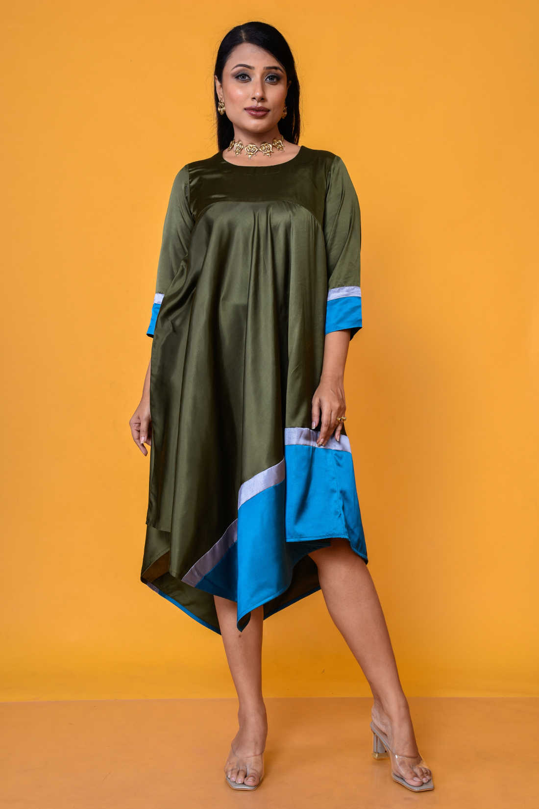 Color Blocking V-neck asymmetrical dress