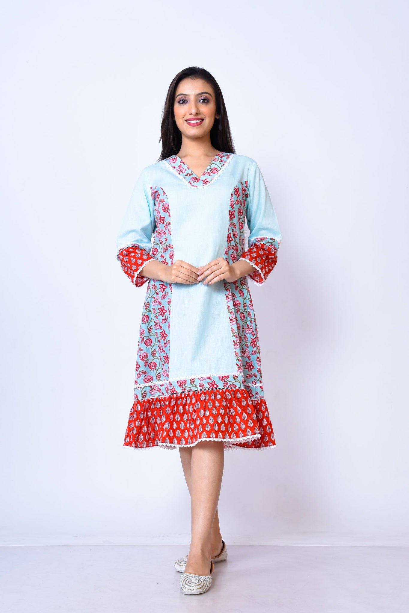 Khadi cotton with Jaipuri print dress