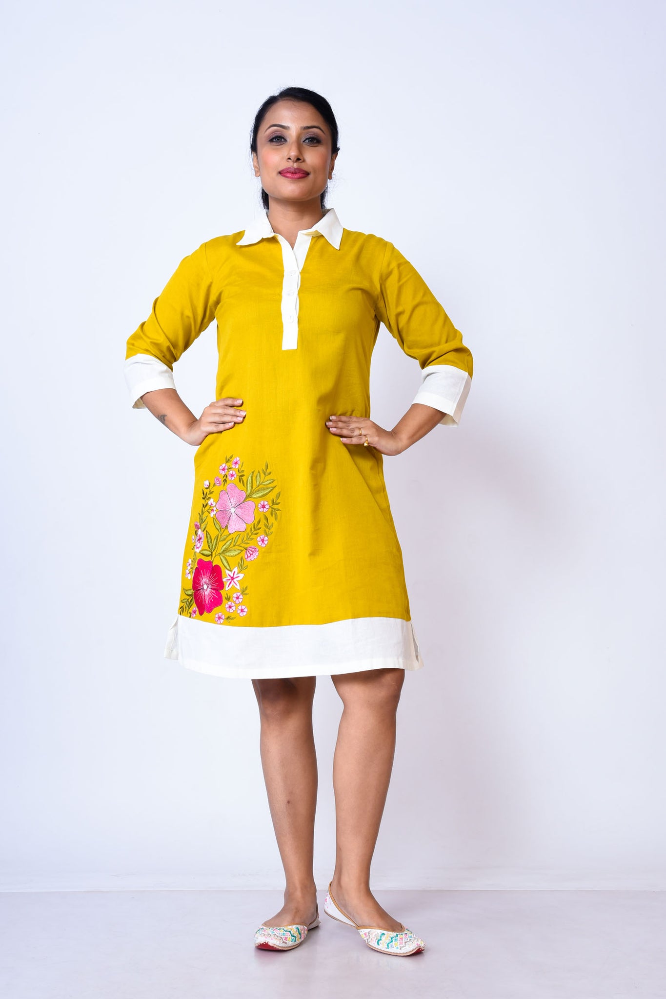 Khadi cotton collared dress with embroidery