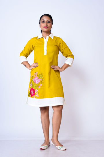 Khadi cotton collared dress with embroidery