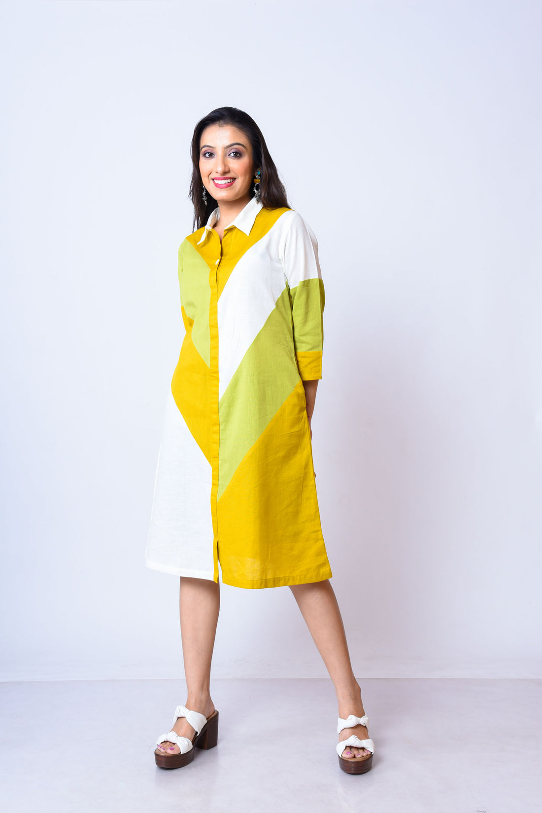 Khadi cotton front open collared dress