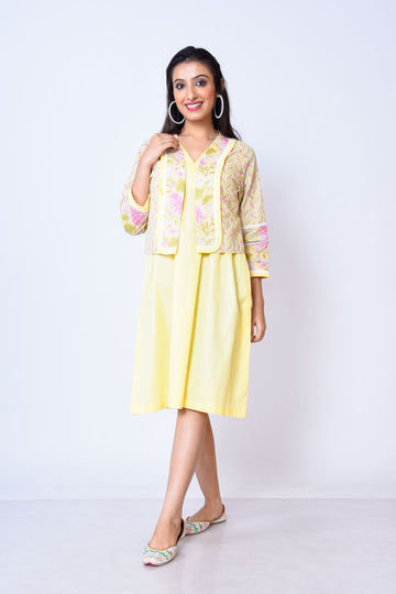 Khadi cotton with Jaipuri print dress with jacket