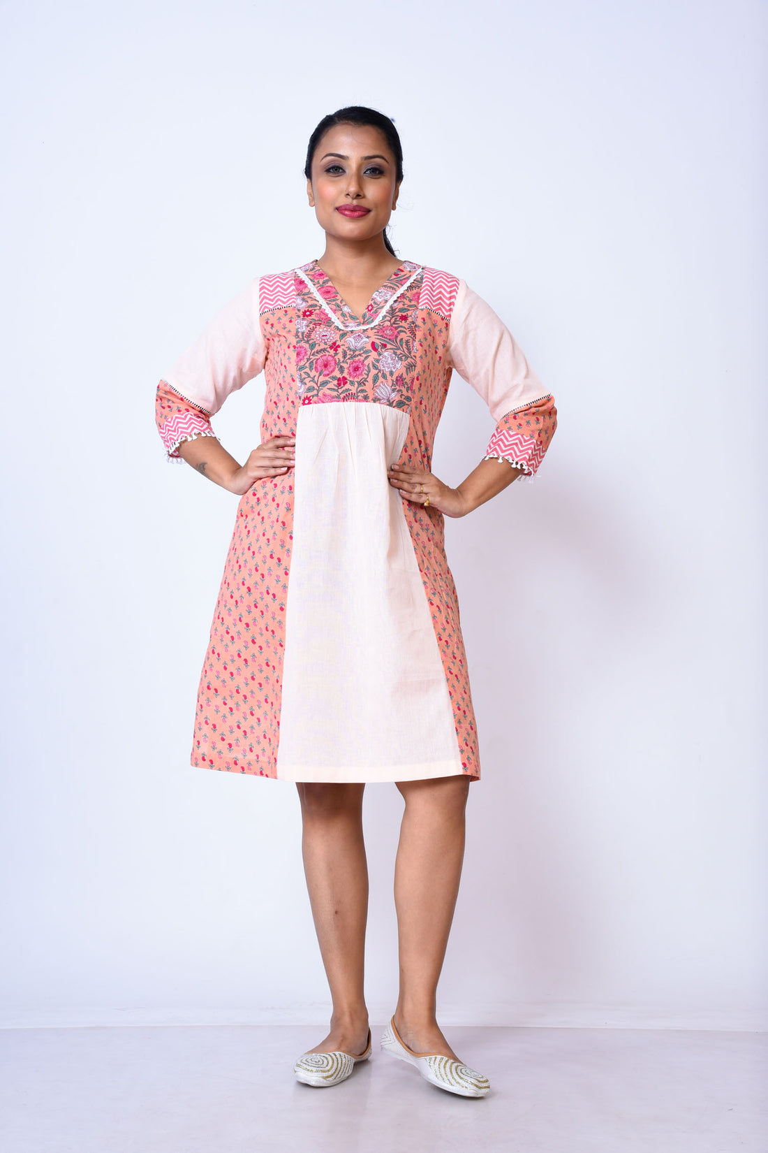 Khadi cotton with Jaipuri print dress