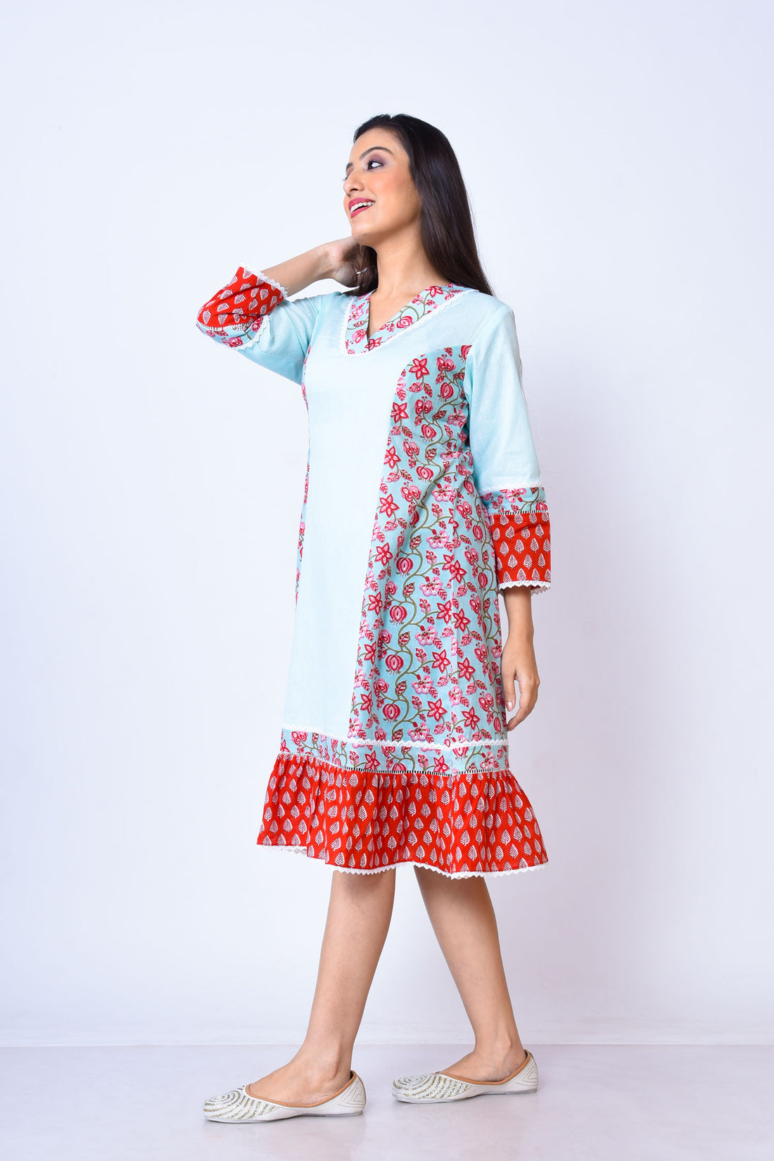 Khadi cotton with Jaipuri print dress