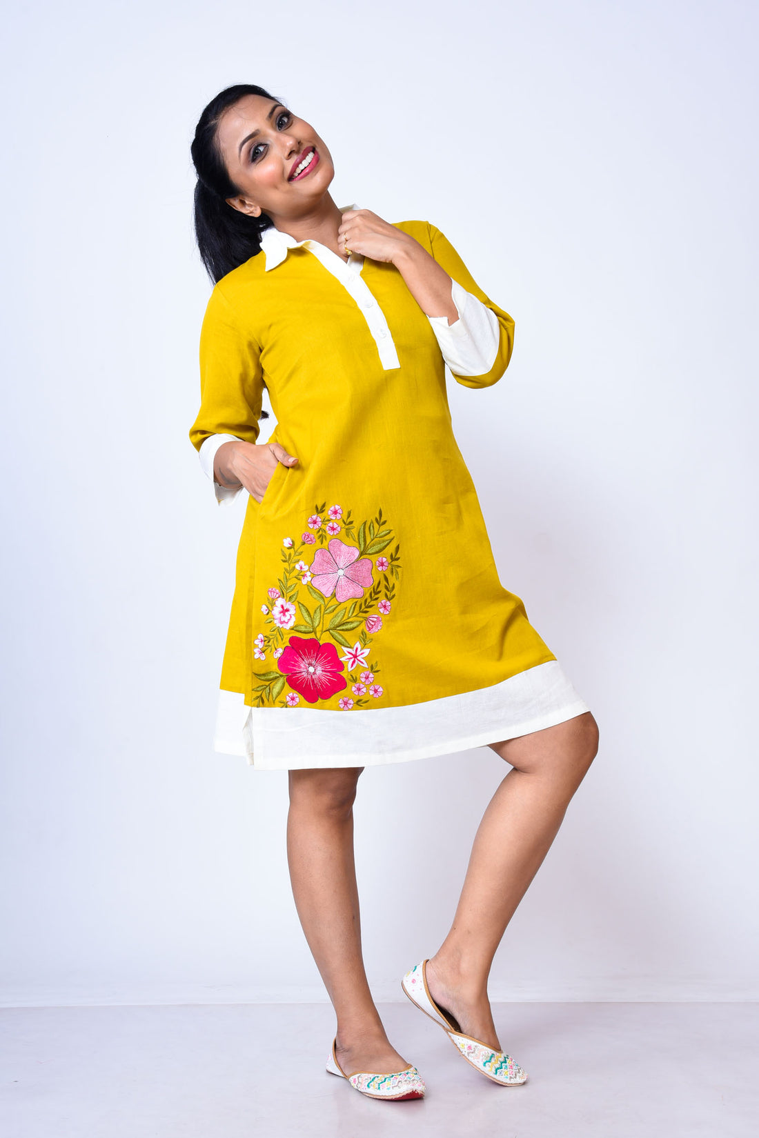 Khadi cotton collared dress with embroidery