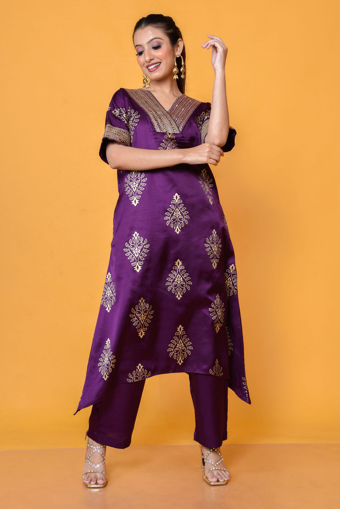 Sequence embroidered hand block print ethnic outfit