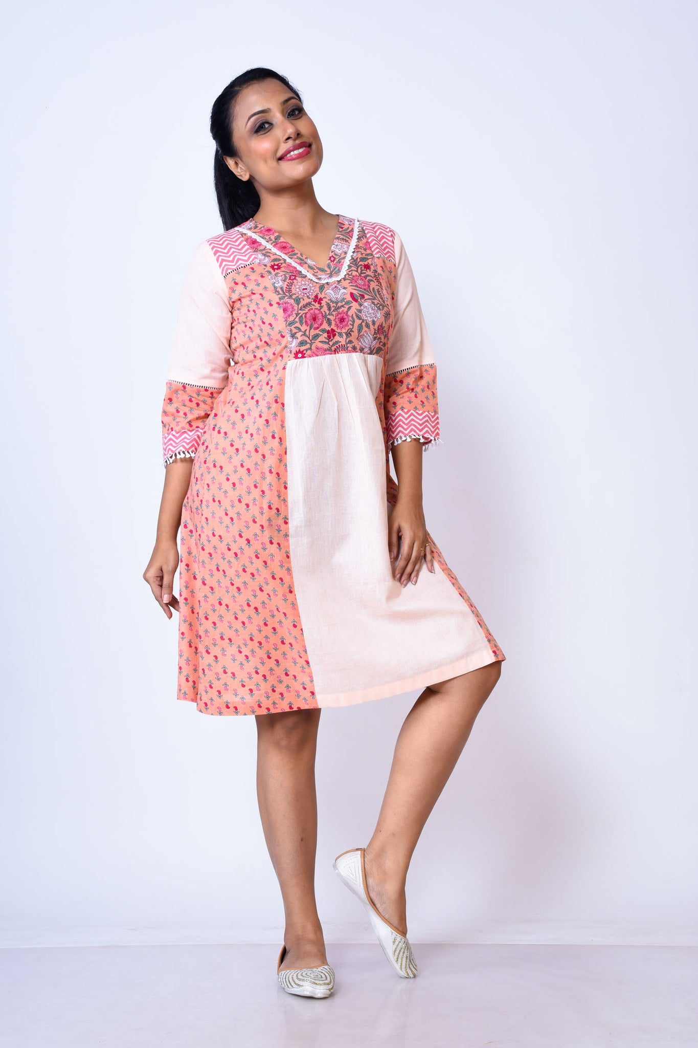 Khadi cotton with Jaipuri print dress