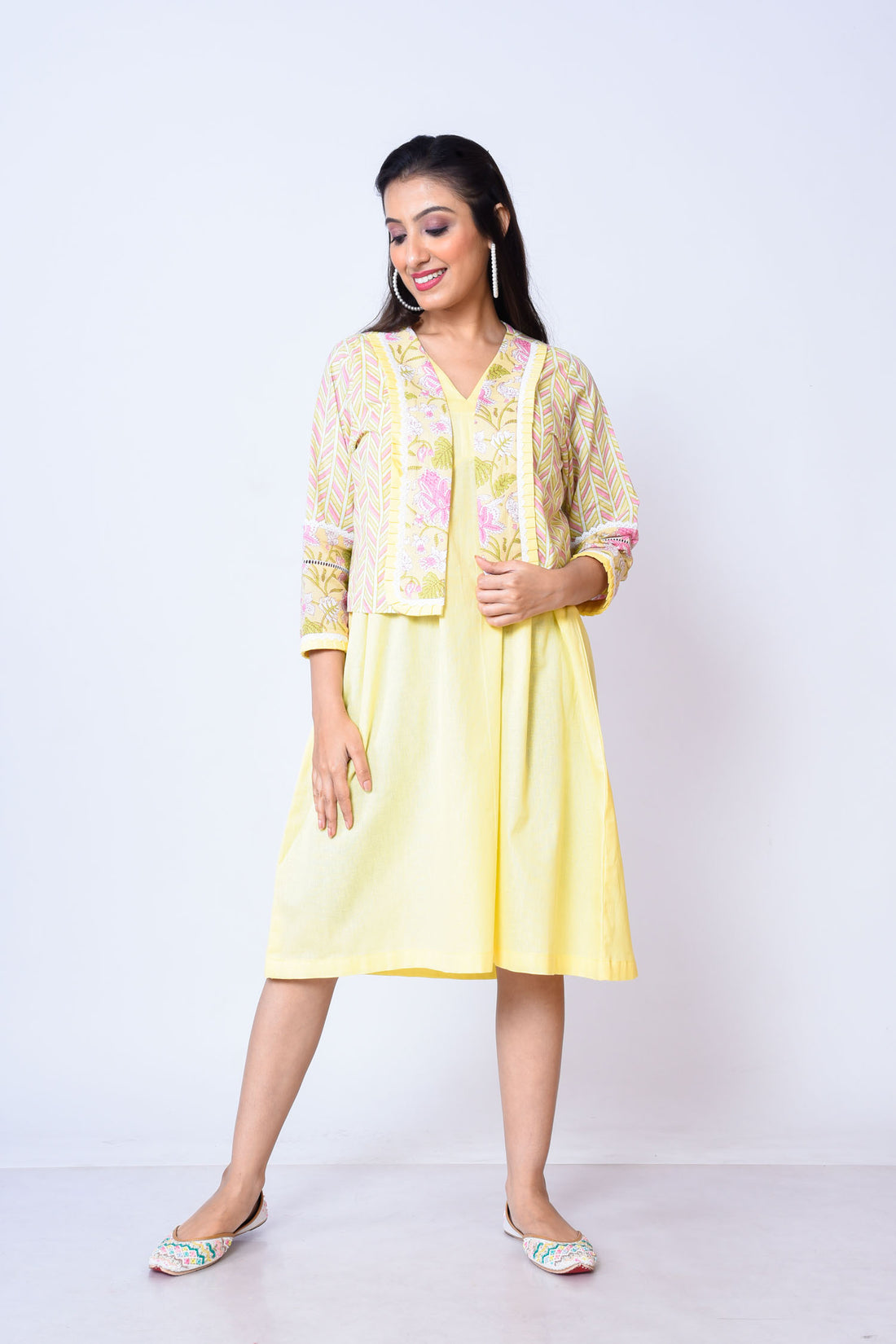 Khadi cotton with Jaipuri print dress with jacket