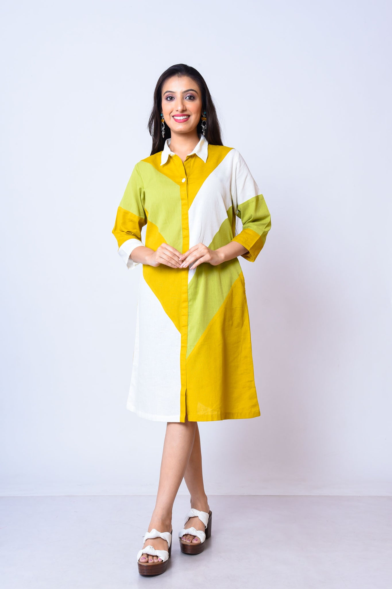 Khadi cotton front open collared dress