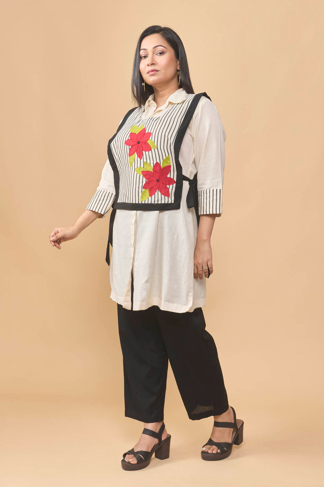 Flex cotton dress with apron jacket and trouser