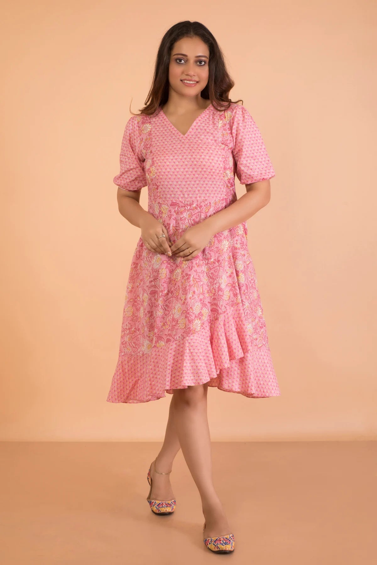 Overlapping Puff Sleeved Pink Hand Block Printed Dress
