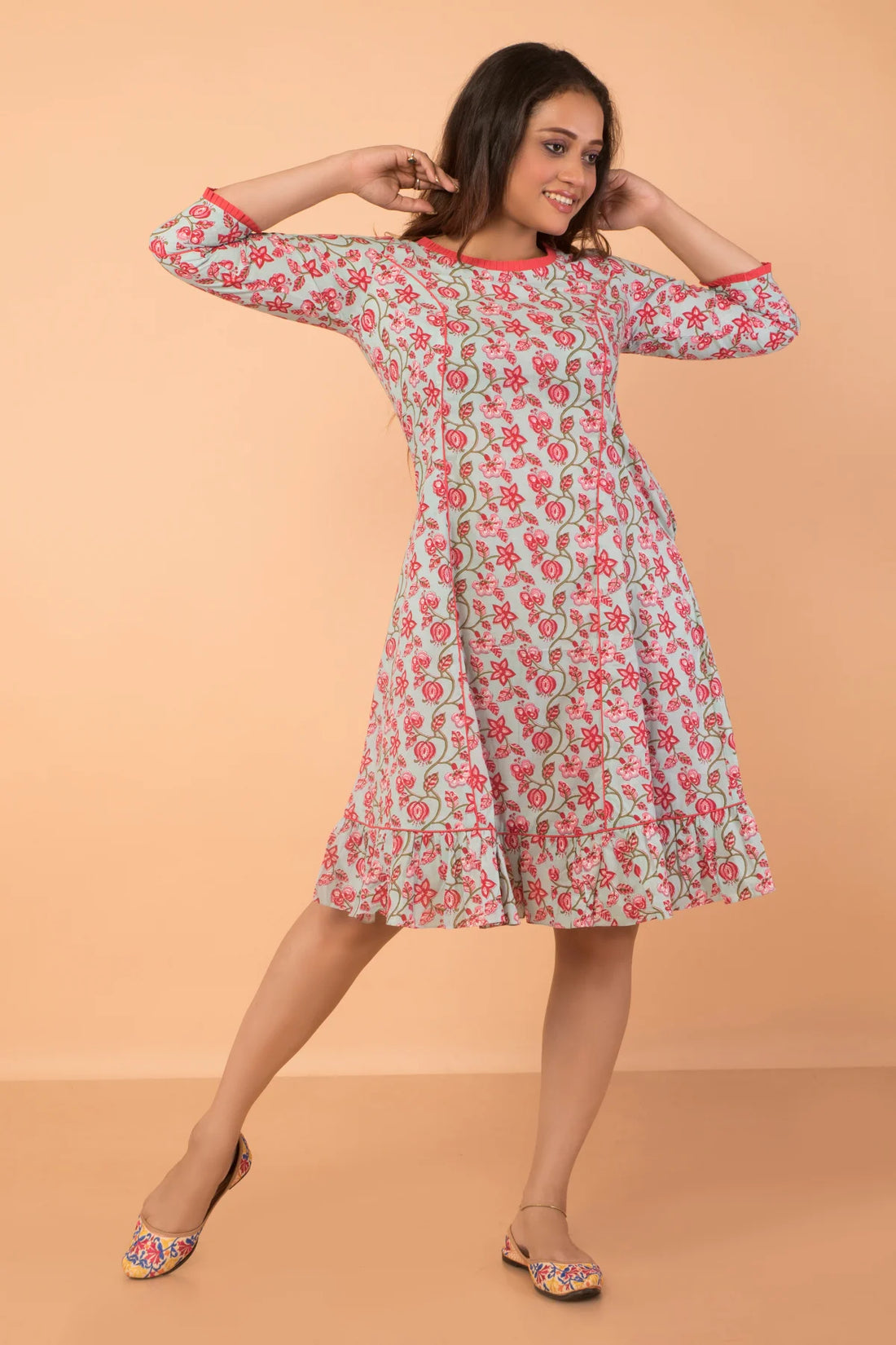 French Cut Floral Print Cotton Dress