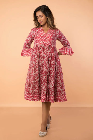 Cherry Floral Print Flared Sleeved Dress With Collar