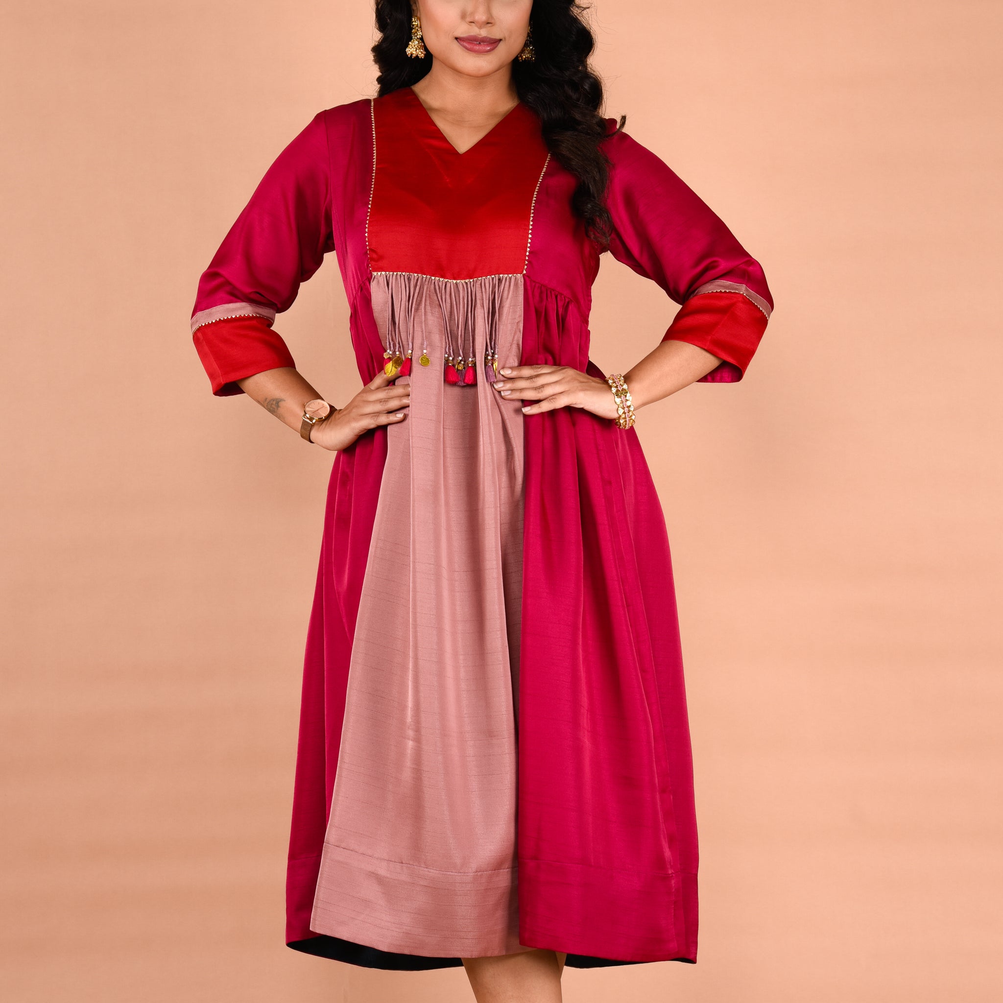 Gathered waistline Dress with tassel detailing