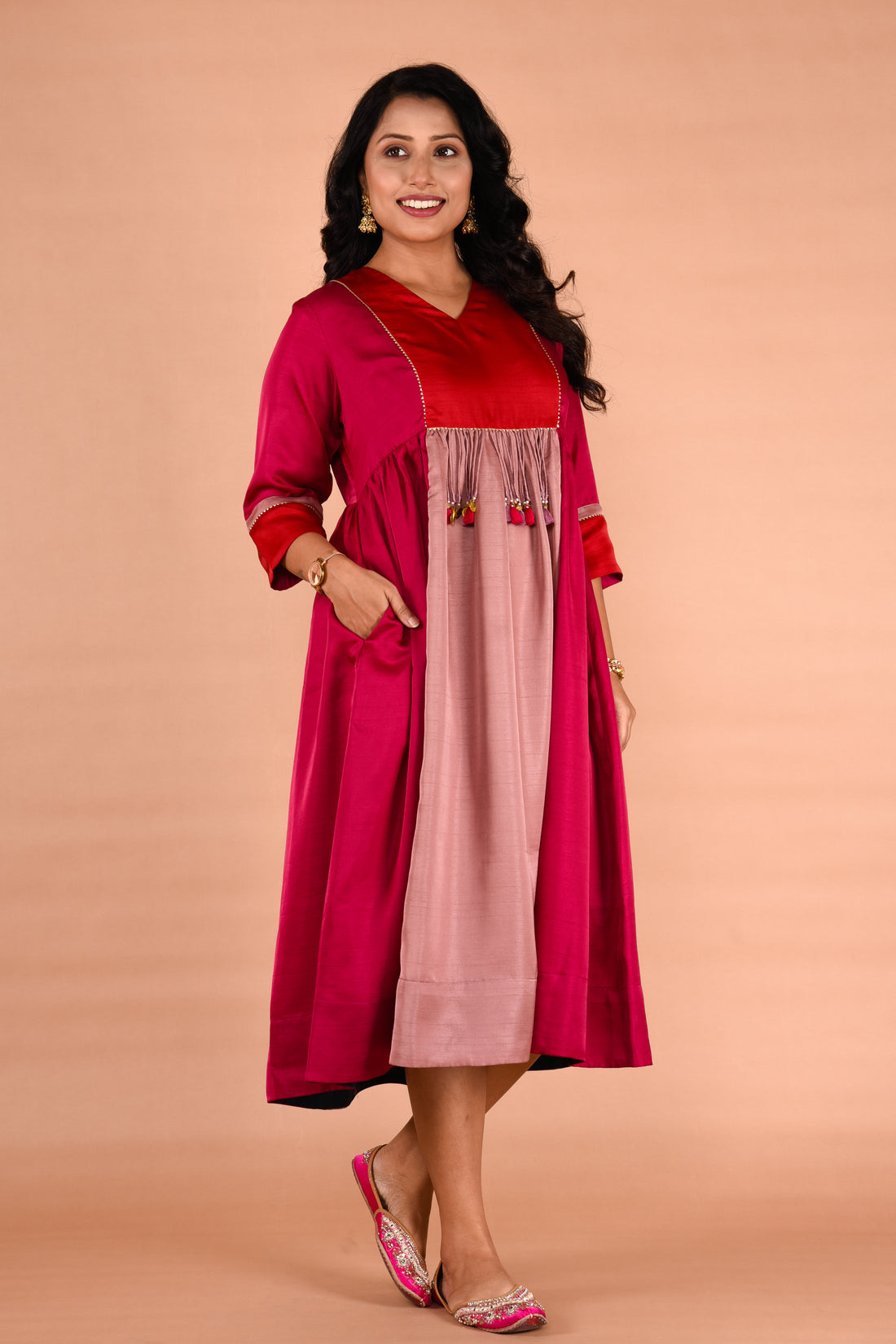 Gathered waistline Dress with tassel detailing