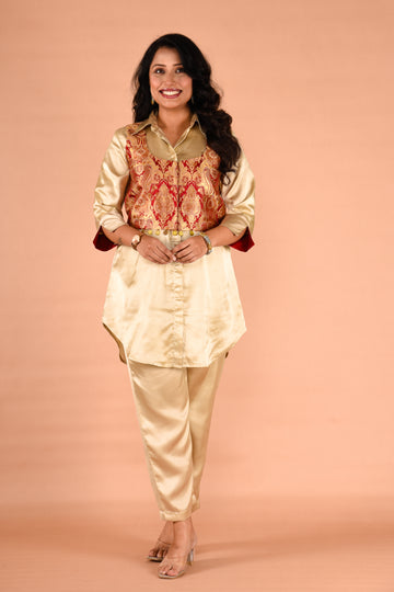 Fawn color Two piece outfit paired with a brocade jacket