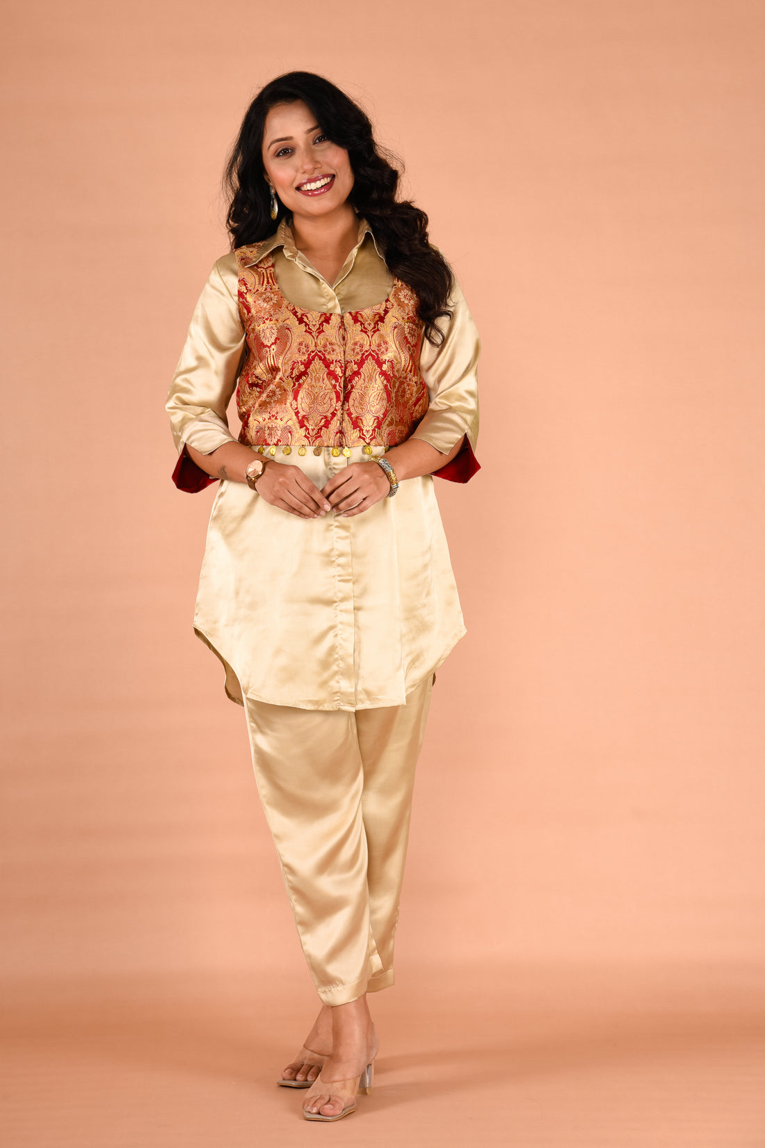 Fawn color Two piece outfit paired with a brocade jacket