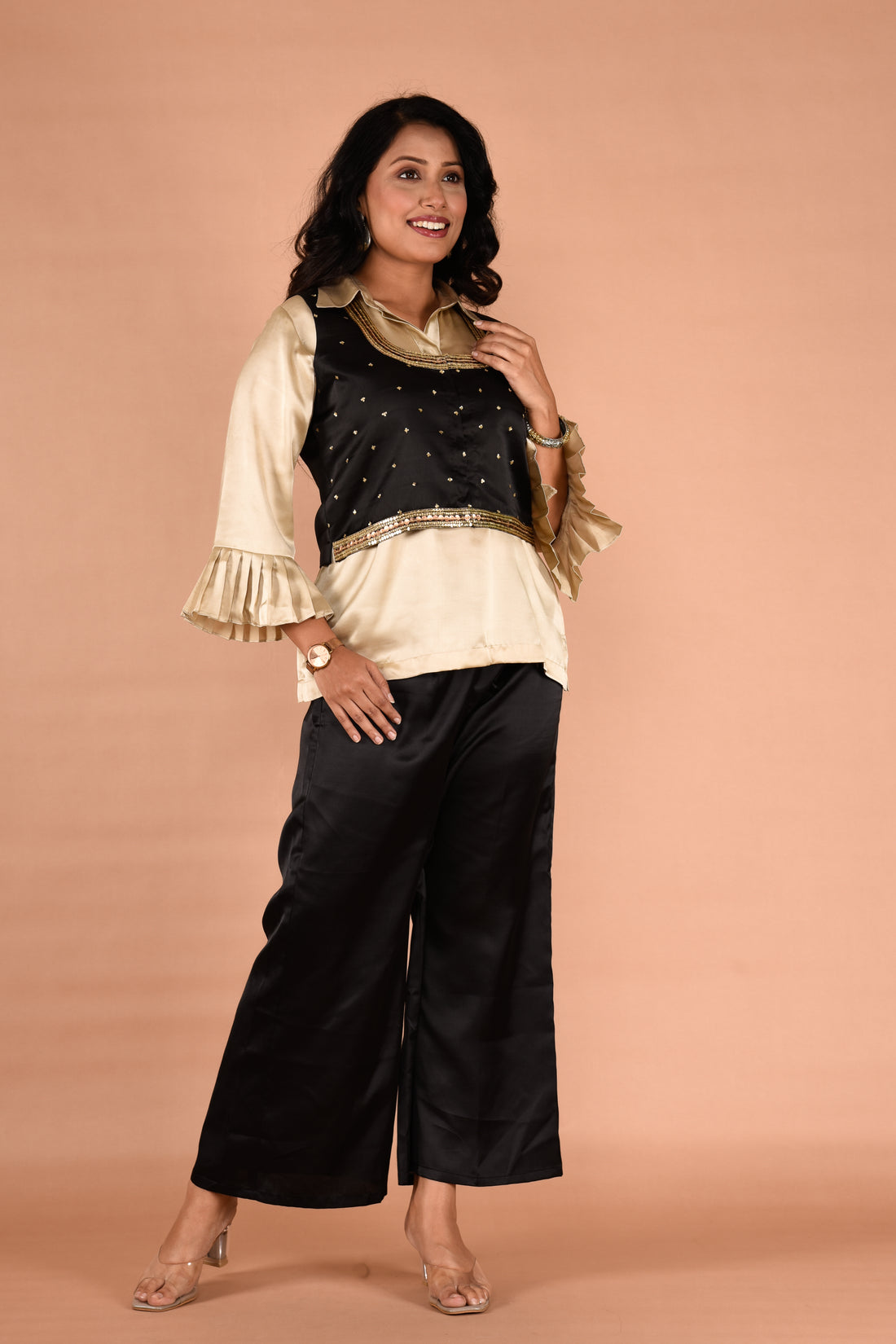 Two piece outfit paired with a embroidered short jacket