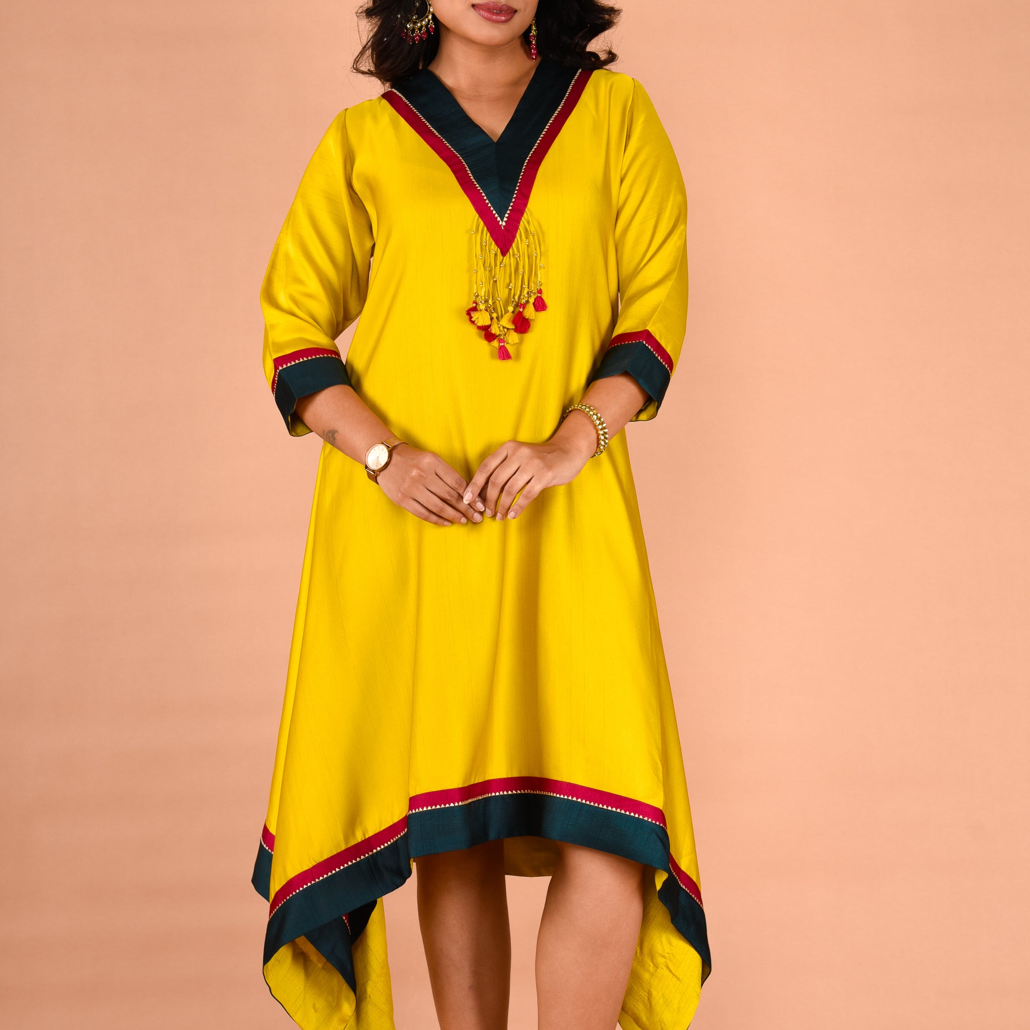 Asymmetrical A-line dress with tassel detailing