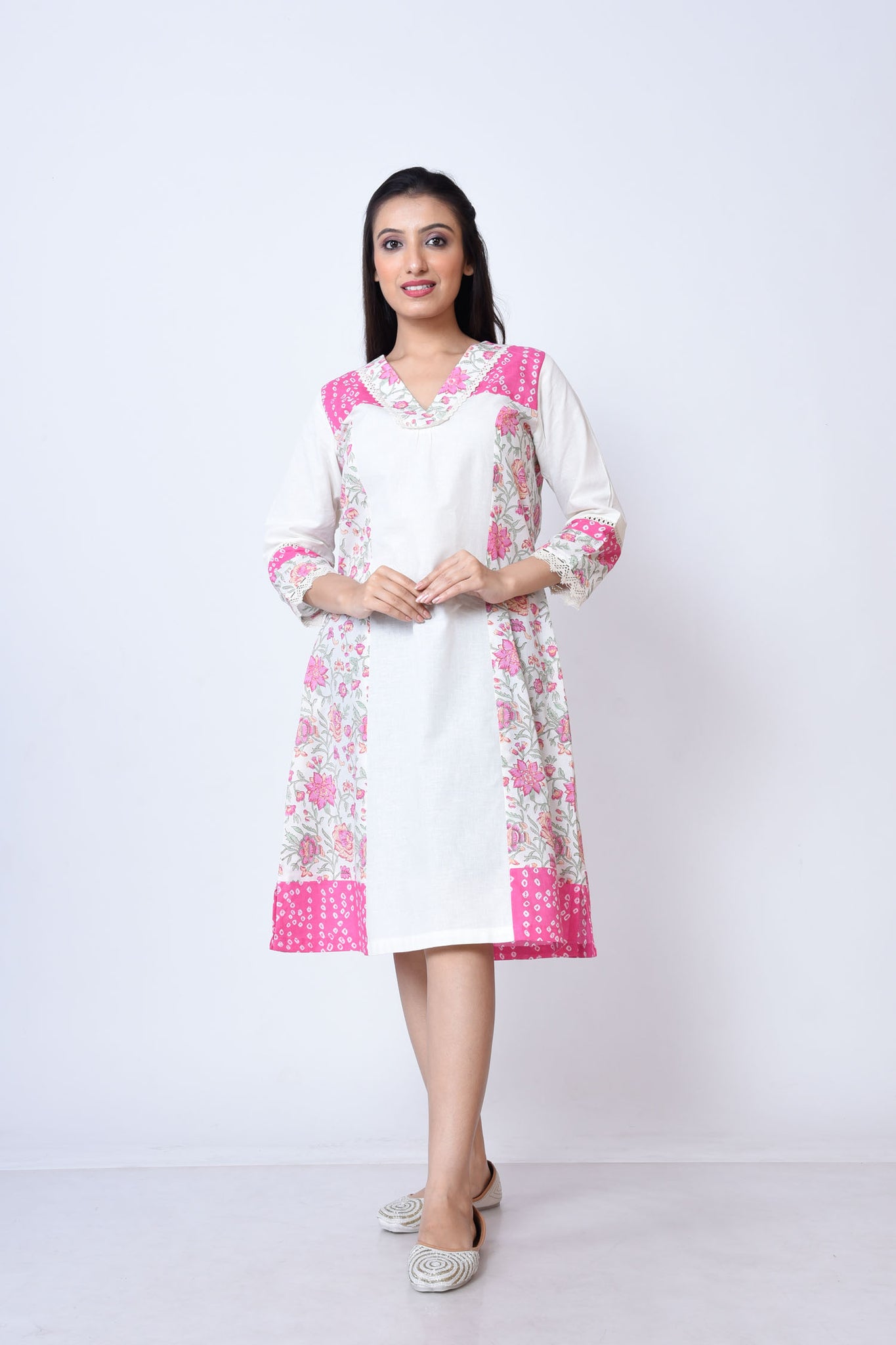 Khadi cotton with Jaipuri print dress