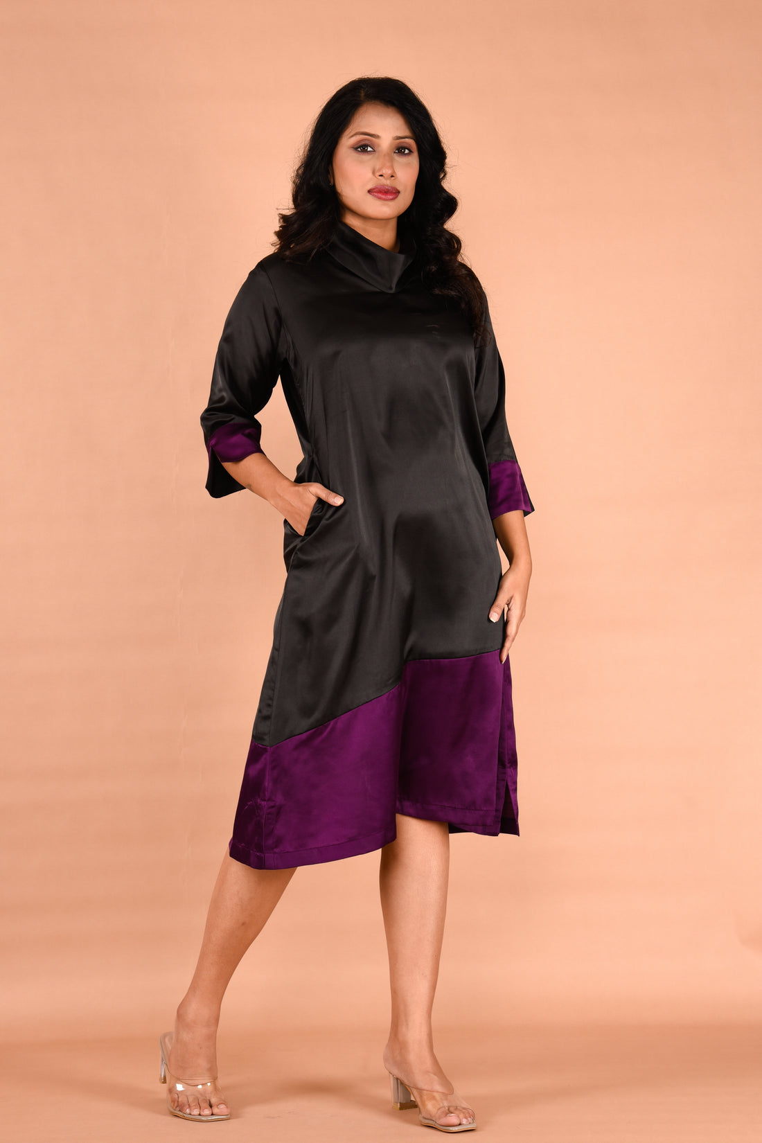 Color Blocking A-line cowl neck dress