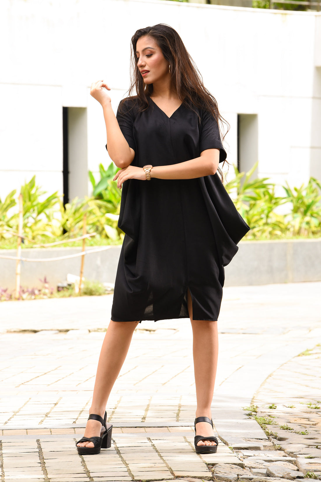 Black Both Side Cowl Dress