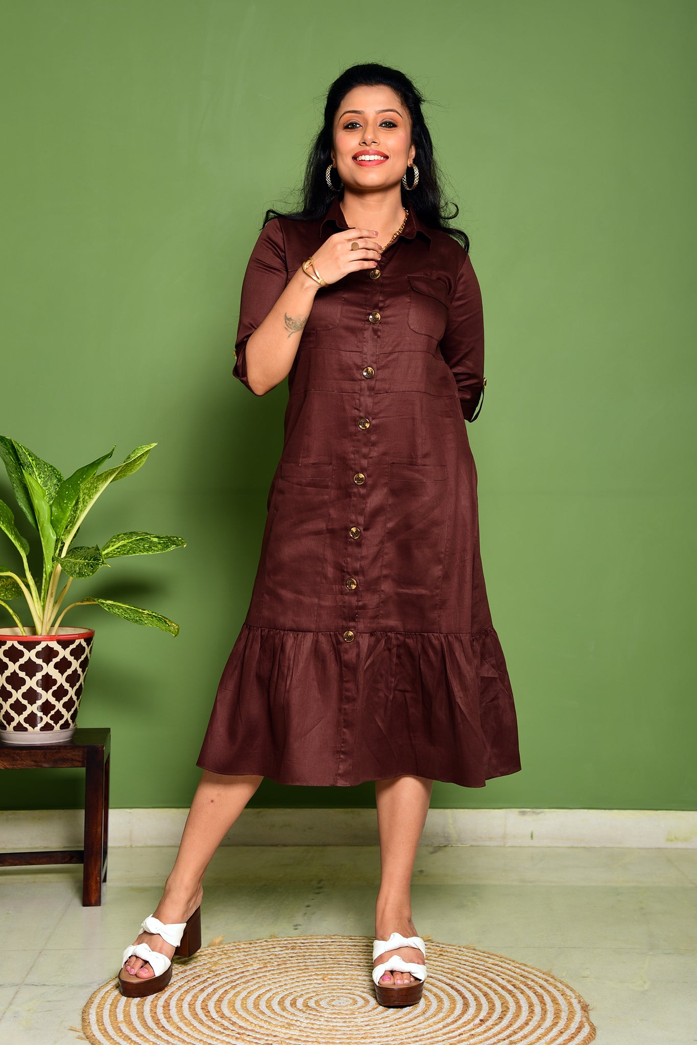 Front Open Buttoned Dress With Pockets