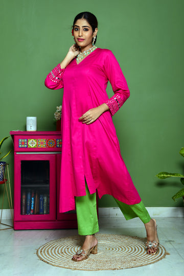 Magenta Mirror Embroidery Outfit with Pant