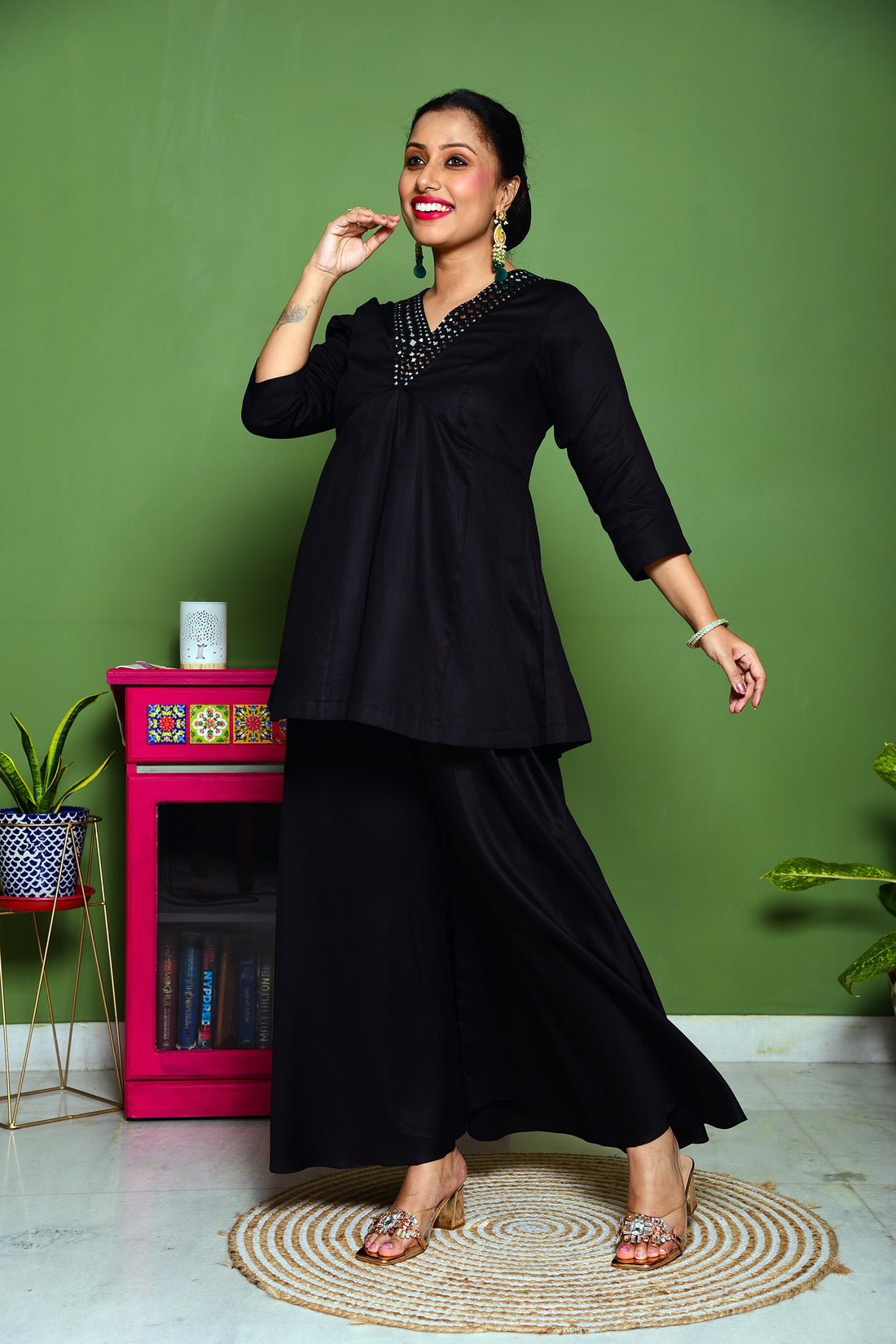 Black coloured 2 pc Mirror Embroidery V-neck Flared Top with Palazzo