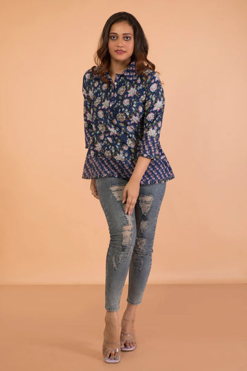 Pure Cotton Hand Printed Pintucked Top